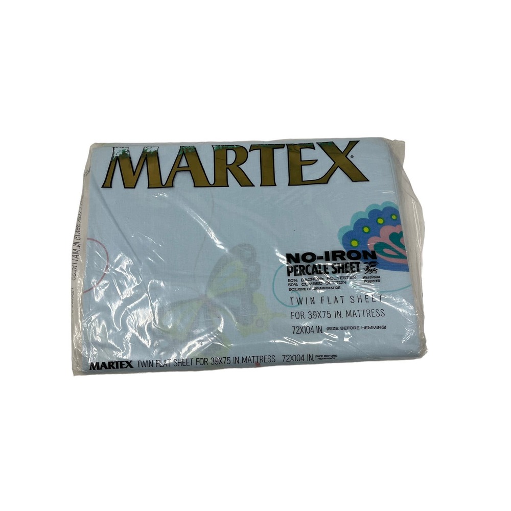 Vintage Martex Twin Size Flat Sheet Blue Butterfly Pattern NOS No Iron‎ Percale